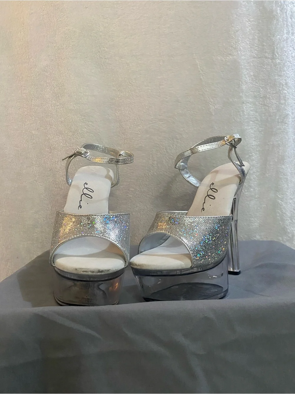 Ellie Holographic Silver Platform Sandals with Ankle Strap